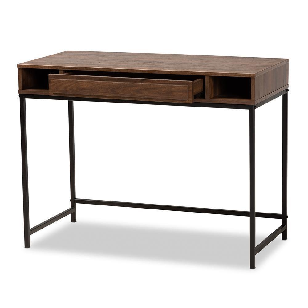 Cargan Modern and Contemporary Walnut Brown Finished Wood and Black Metal 1-Drawer Desk FredCo