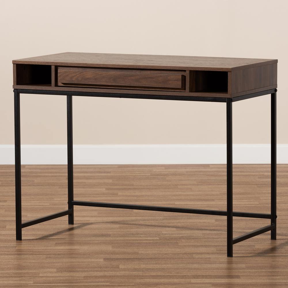 Cargan Modern and Contemporary Walnut Brown Finished Wood and Black Metal 1-Drawer Desk FredCo