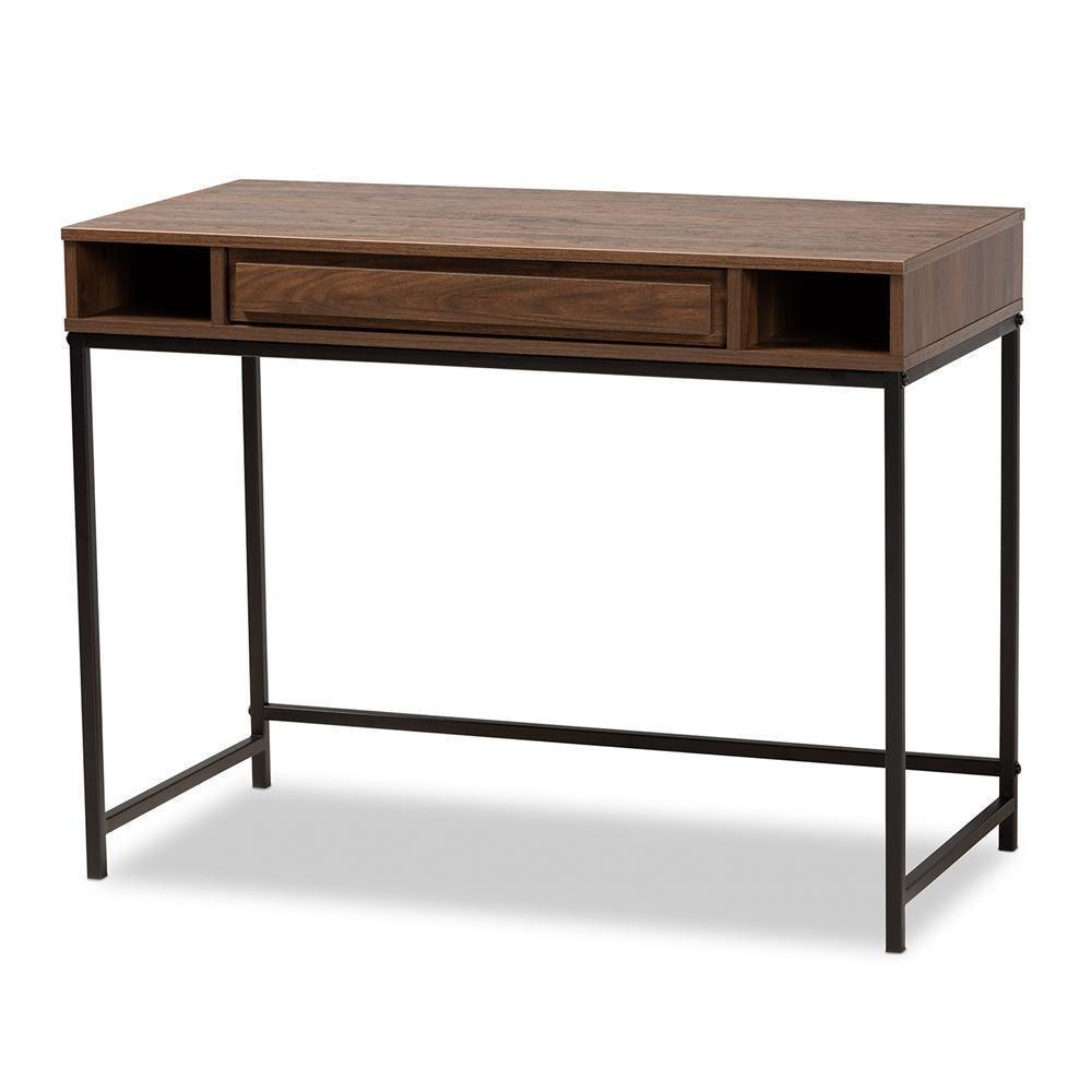 Cargan Modern and Contemporary Walnut Brown Finished Wood and Black Metal 1-Drawer Desk FredCo