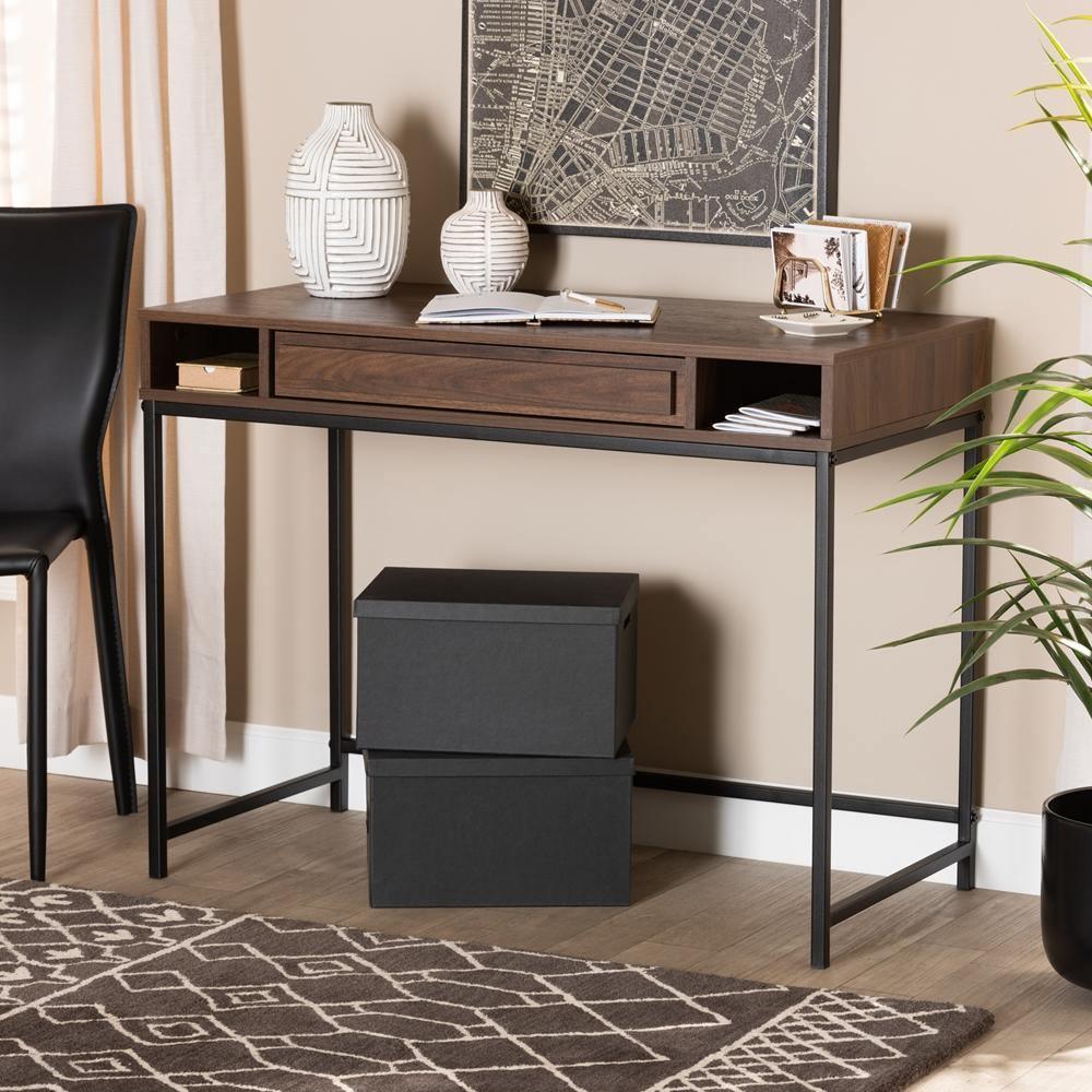 Cargan Modern and Contemporary Walnut Brown Finished Wood and Black Metal 1-Drawer Desk FredCo