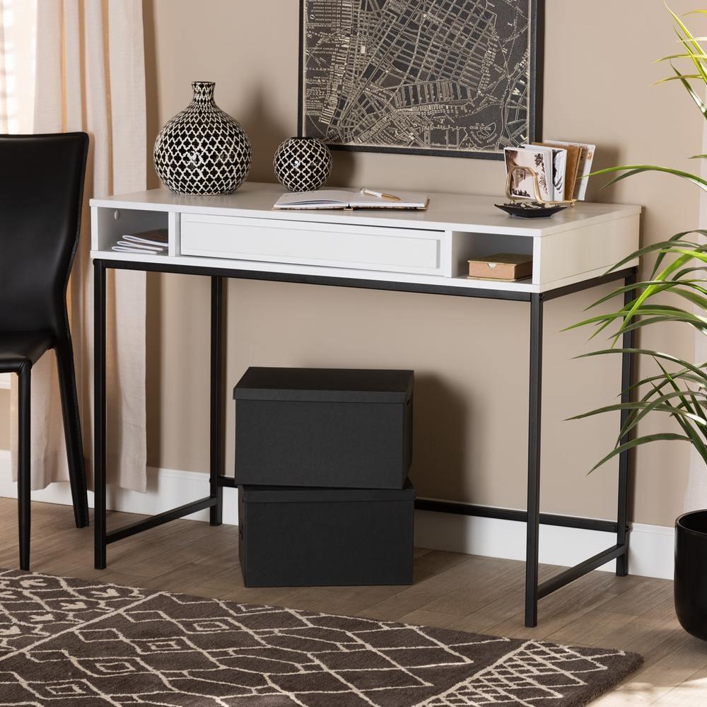 Cargan Modern and Contemporary White Finished Wood and Black Metal 1-Drawer Desk FredCo