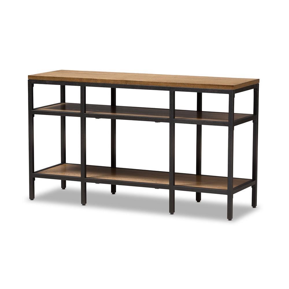 Caribou Rustic Industrial Style Oak Brown Finished Wood and Black Finished Metal Console Table FredCo