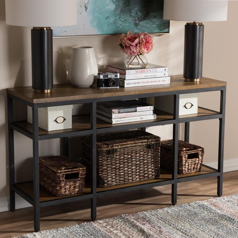 Caribou Rustic Industrial Style Oak Brown Finished Wood and Black Finished Metal Console Table FredCo