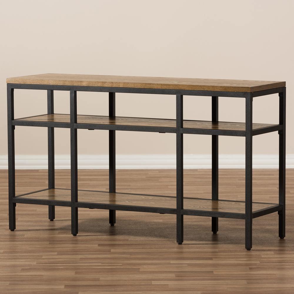 Caribou Rustic Industrial Style Oak Brown Finished Wood and Black Finished Metal Console Table FredCo