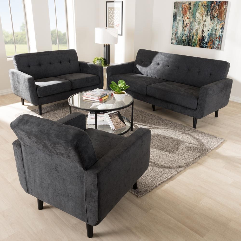 Carina Mid-Century Modern Dark Grey Fabric Upholstered 3-Piece Living Room Set FredCo