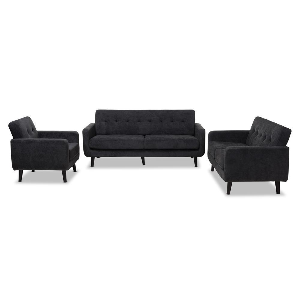 Carina Mid-Century Modern Dark Grey Fabric Upholstered 3-Piece Living Room Set FredCo