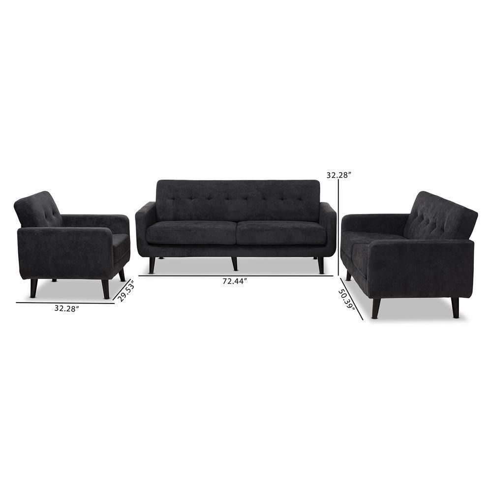 Carina Mid-Century Modern Dark Grey Fabric Upholstered 3-Piece Living Room Set FredCo