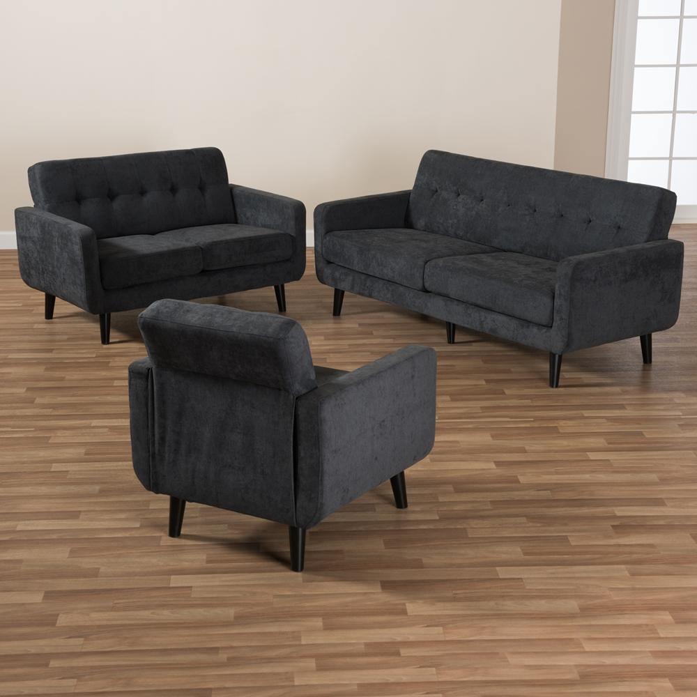 Carina Mid-Century Modern Dark Grey Fabric Upholstered 3-Piece Living Room Set FredCo
