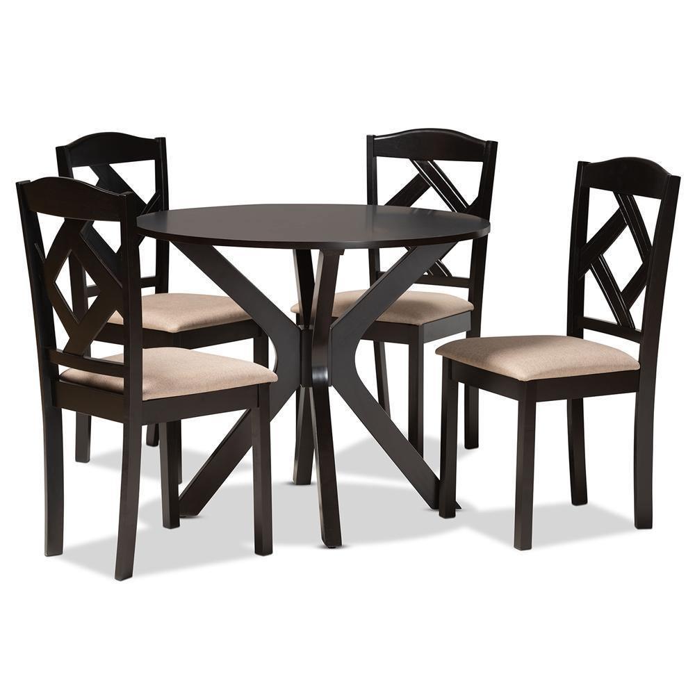 Carlin Sand Fabric Upholstered and Dark Brown Finished Wood 5-Piece Dining Set FredCo