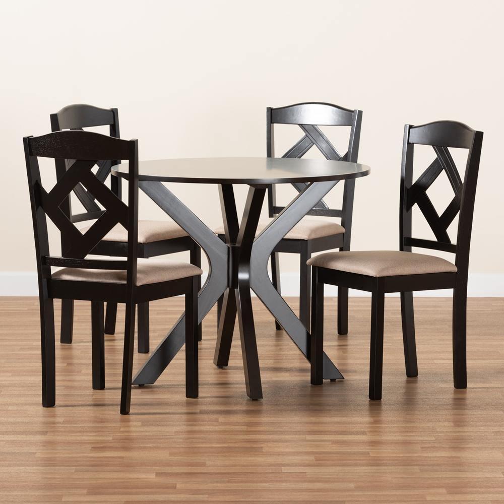 Carlin Sand Fabric Upholstered and Dark Brown Finished Wood 5-Piece Dining Set FredCo