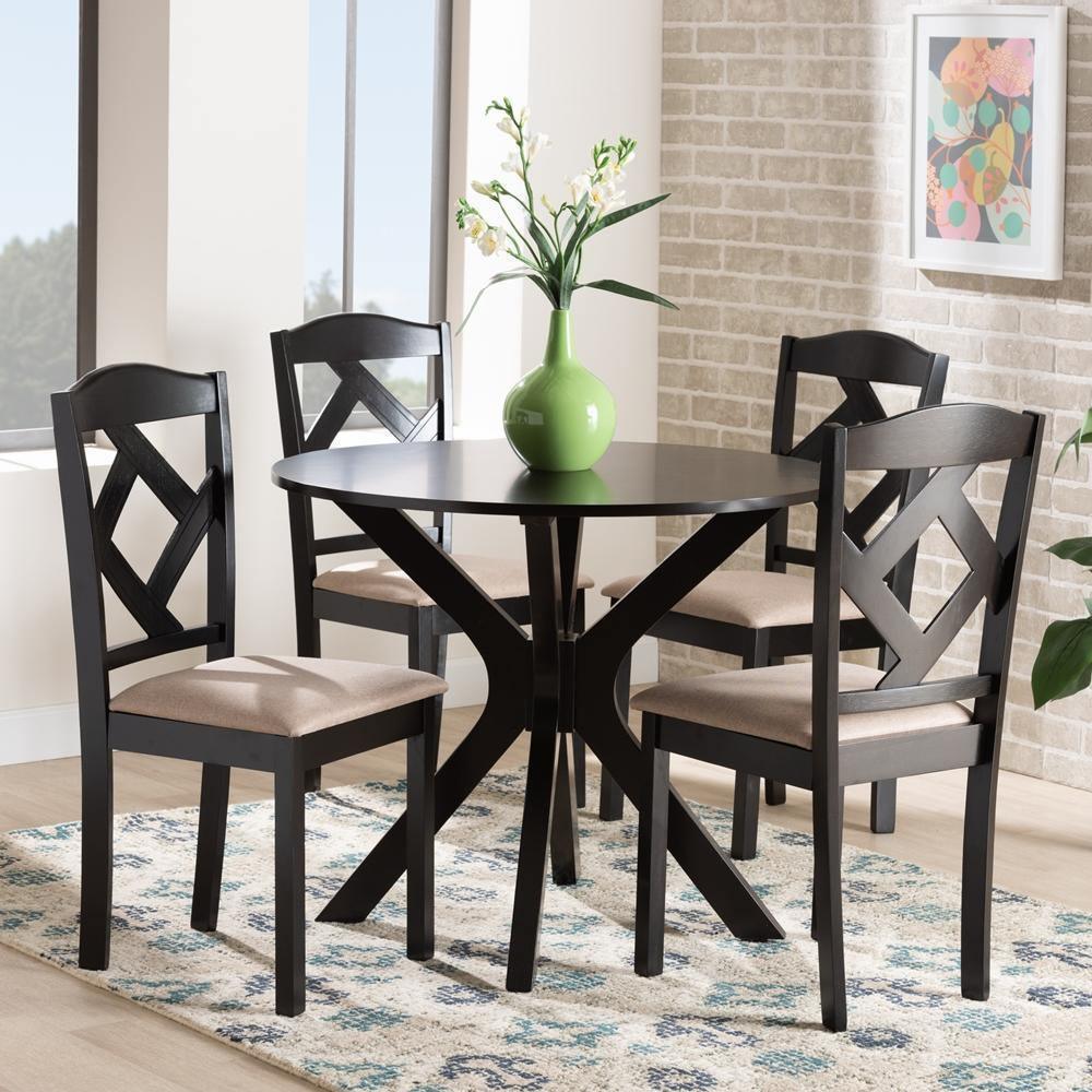 Carlin Sand Fabric Upholstered and Dark Brown Finished Wood 5-Piece Dining Set FredCo