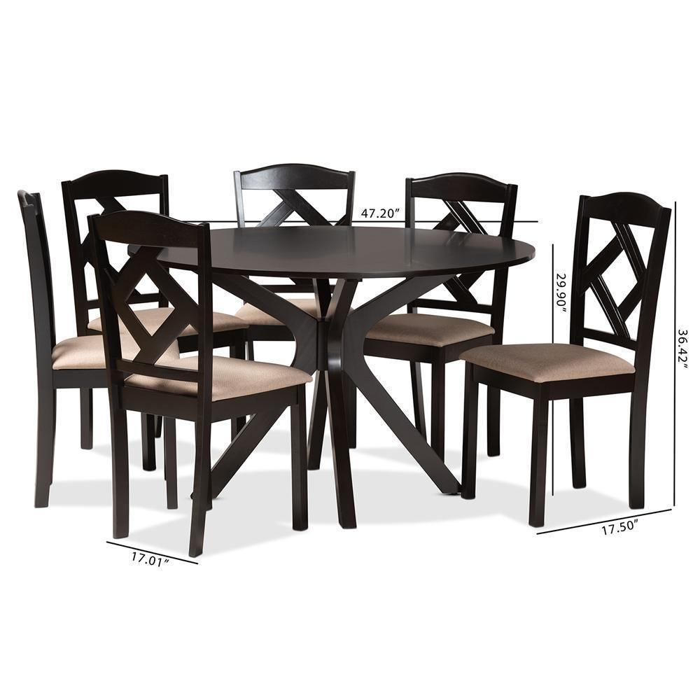 Carlin Sand Fabric Upholstered and Dark Brown Finished Wood 7-Piece Dining Set FredCo
