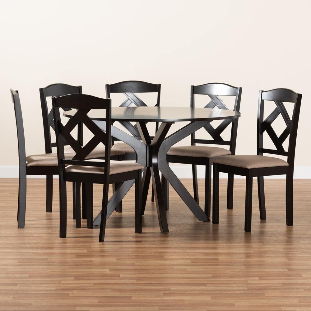 Carlin Sand Fabric Upholstered and Dark Brown Finished Wood 7-Piece Dining Set FredCo