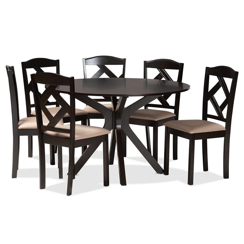 Carlin Sand Fabric Upholstered and Dark Brown Finished Wood 7-Piece Dining Set FredCo