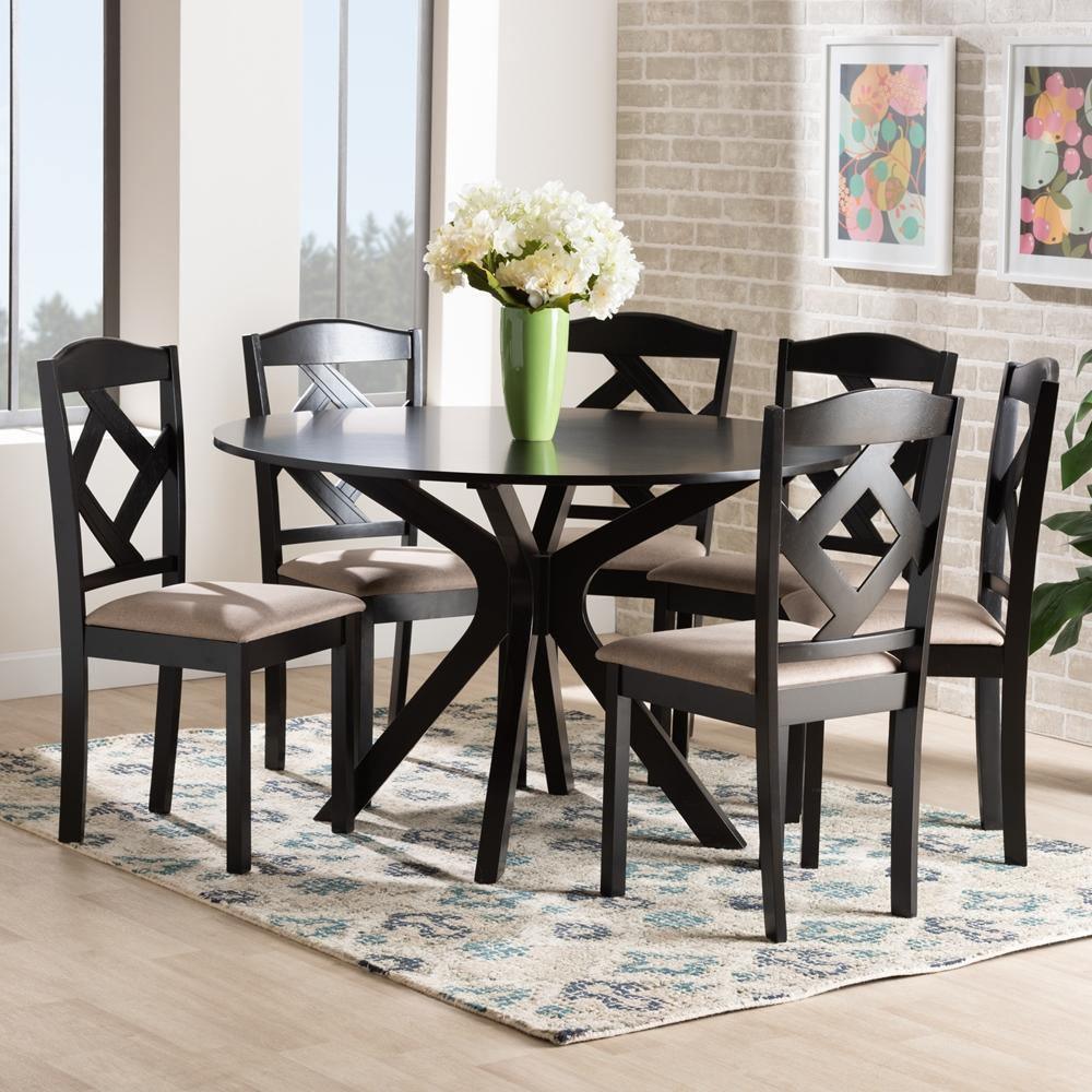 Carlin Sand Fabric Upholstered and Dark Brown Finished Wood 7-Piece Dining Set FredCo