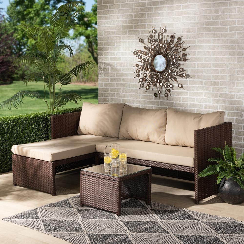 Carlton Modern and Contemporary Sand Fabric Upholstered and Brown Finished Woven PE Rattan 3-Piece Outdoor Patio Lounge Set FredCo