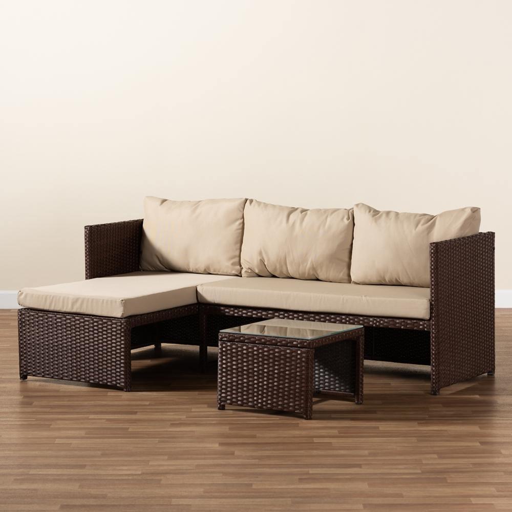 Carlton Modern and Contemporary Sand Fabric Upholstered and Brown Finished Woven PE Rattan 3-Piece Outdoor Patio Lounge Set FredCo