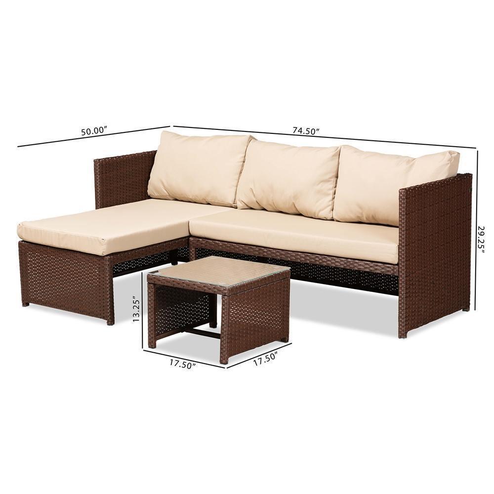 Carlton Modern and Contemporary Sand Fabric Upholstered and Brown Finished Woven PE Rattan 3-Piece Outdoor Patio Lounge Set FredCo