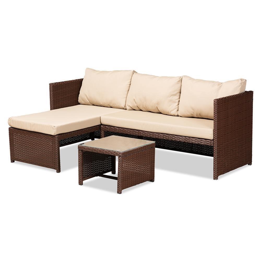 Carlton Modern and Contemporary Sand Fabric Upholstered and Brown Finished Woven PE Rattan 3-Piece Outdoor Patio Lounge Set FredCo