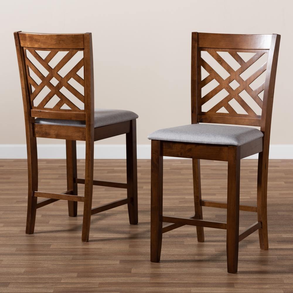 Caron Modern and Contemporary Grey Fabric Upholstered Walnut Brown Finished 2-Piece Wood Counter Height Pub Chair Set FredCo
