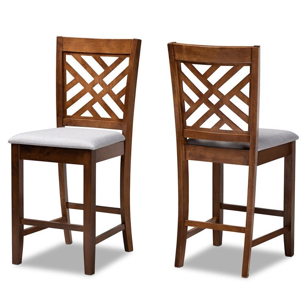Caron Modern and Contemporary Grey Fabric Upholstered Walnut Brown Finished 2-Piece Wood Counter Height Pub Chair Set FredCo