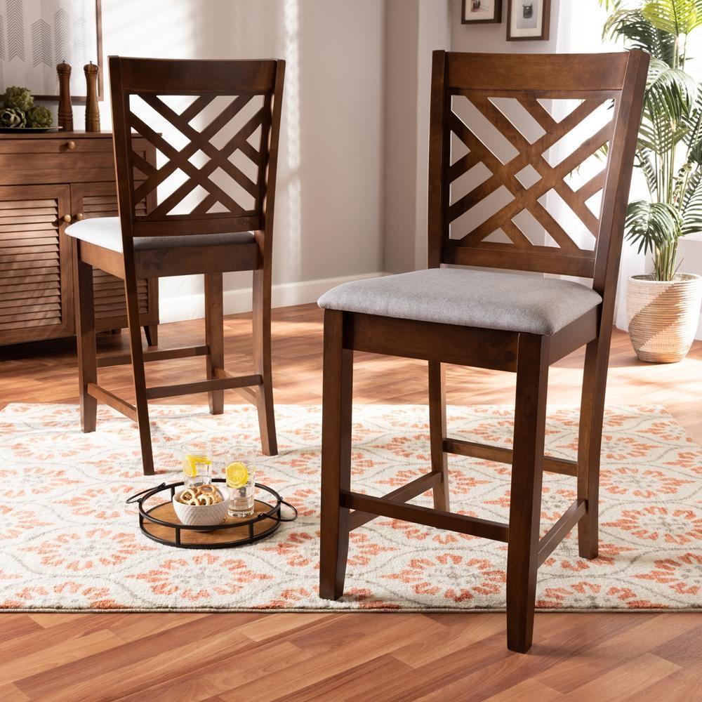 Caron Modern and Contemporary Grey Fabric Upholstered Walnut Brown Finished 2-Piece Wood Counter Height Pub Chair Set FredCo