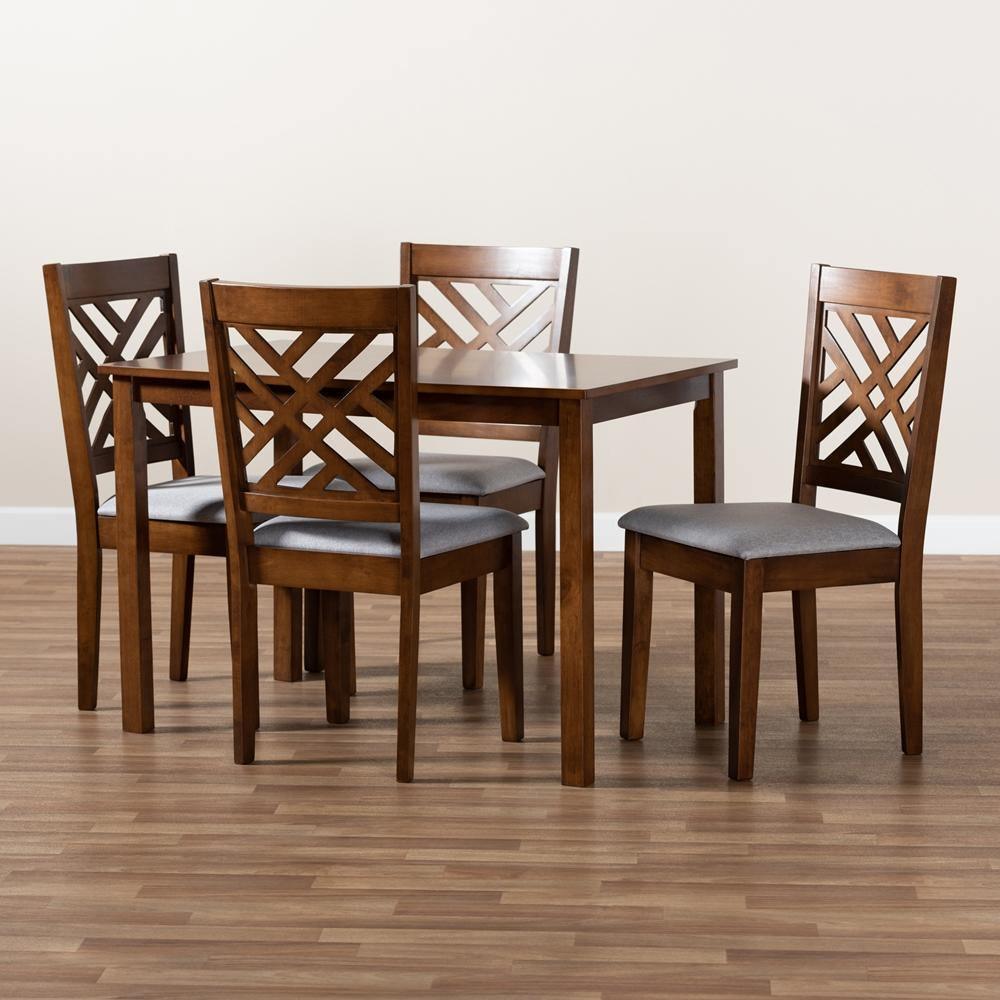 Caron Modern and Contemporary Grey Fabric Upholstered Walnut Brown Finished Wood 5-Piece Dining Set FredCo