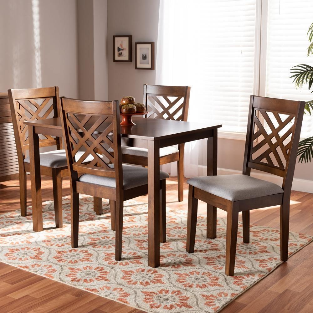 Caron Modern and Contemporary Grey Fabric Upholstered Walnut Brown Finished Wood 5-Piece Dining Set FredCo