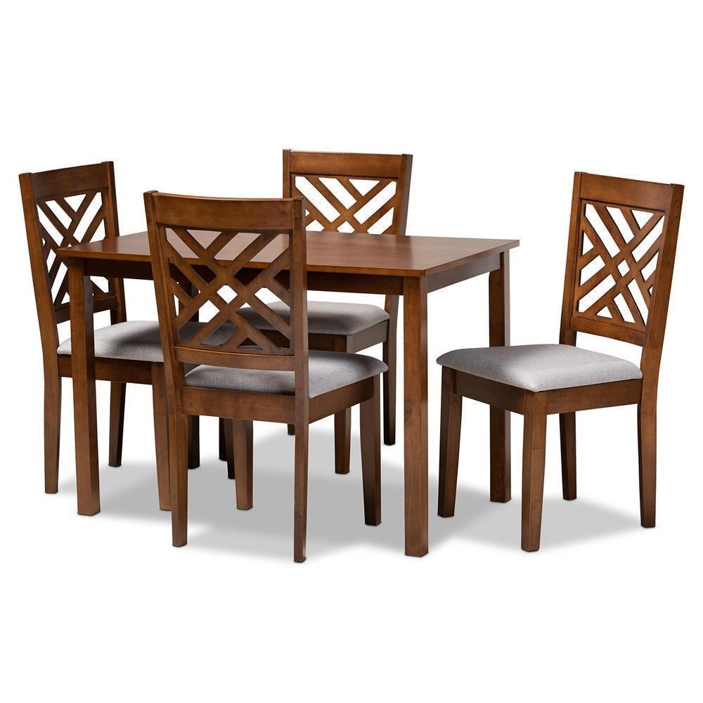 Caron Modern and Contemporary Grey Fabric Upholstered Walnut Brown Finished Wood 5-Piece Dining Set FredCo