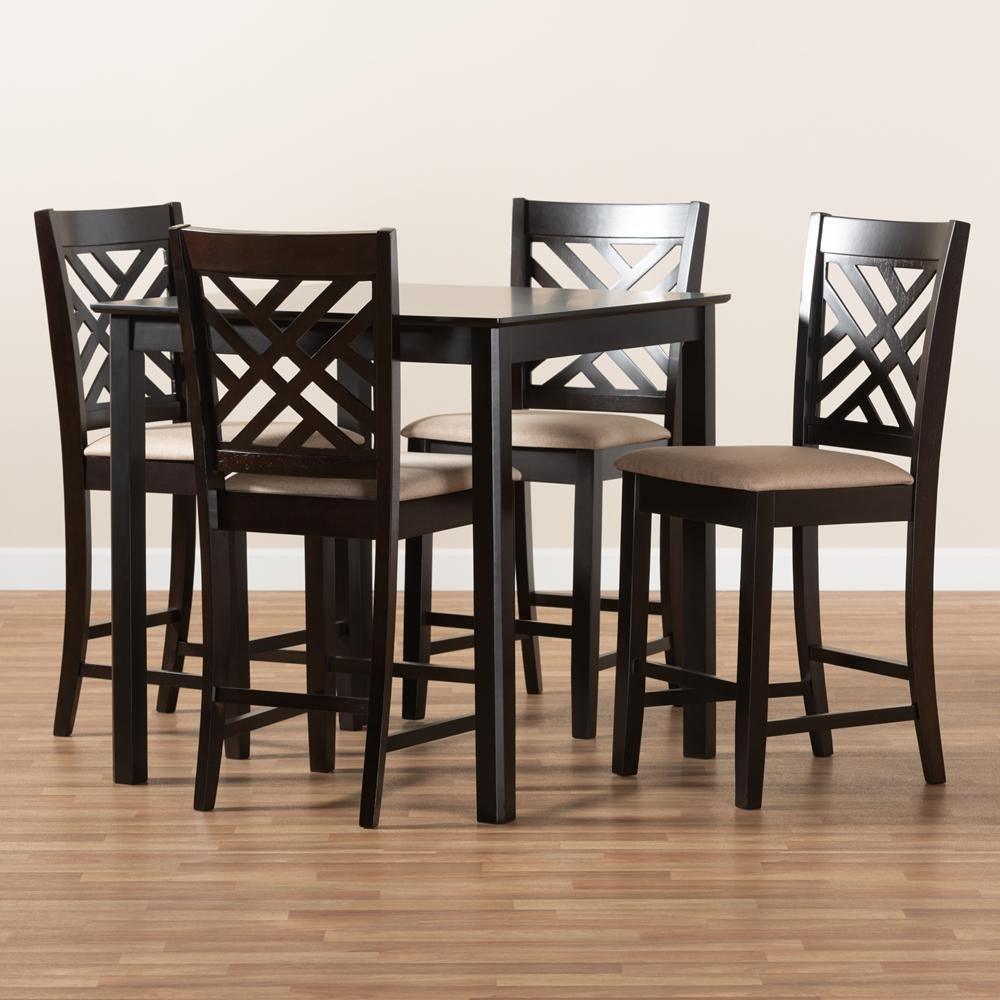 Caron Modern and Contemporary Sand Fabric Upholstered Espresso Brown Finished 5-Piece Wood Pub Set FredCo