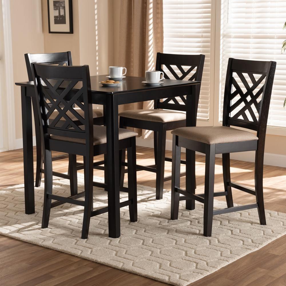 Caron Modern and Contemporary Sand Fabric Upholstered Espresso Brown Finished 5-Piece Wood Pub Set FredCo
