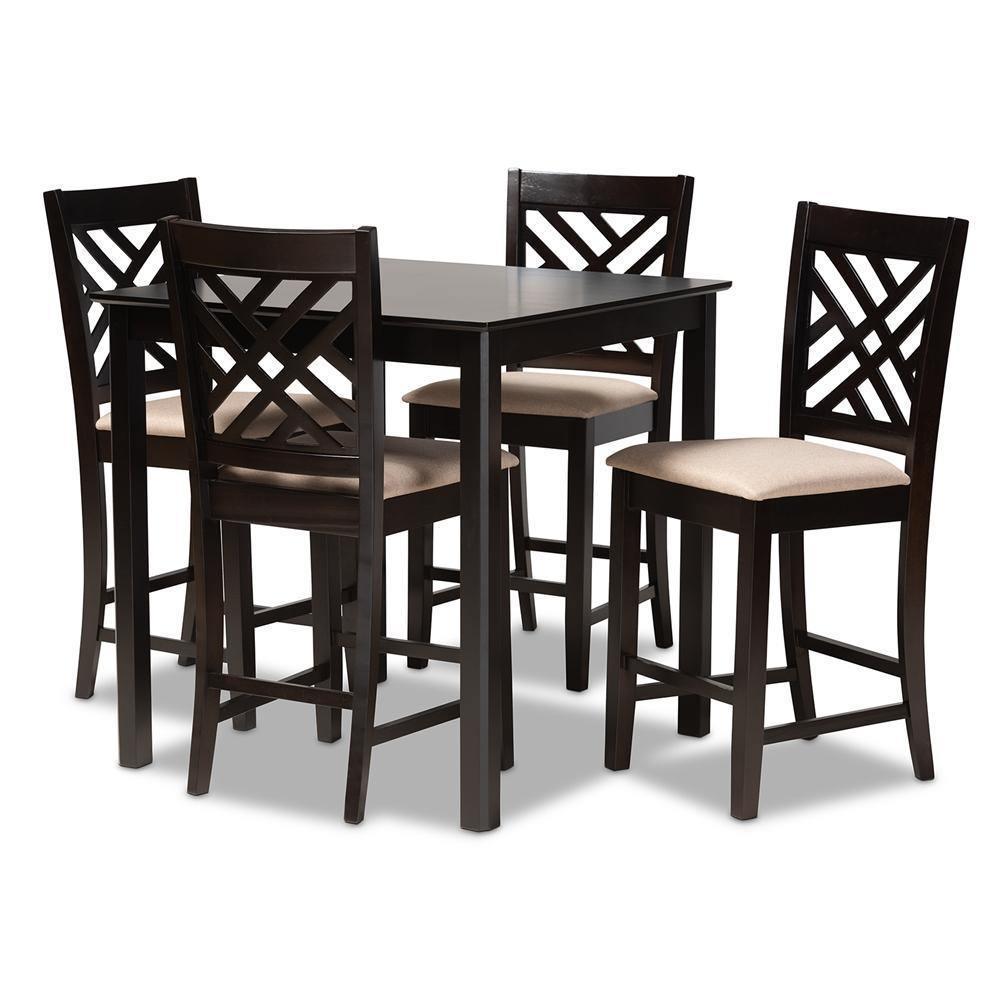 Caron Modern and Contemporary Sand Fabric Upholstered Espresso Brown Finished 5-Piece Wood Pub Set FredCo