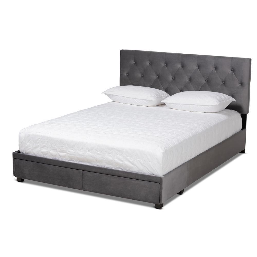 Caronia Modern and Contemporary Grey Velvet Fabric Upholstered 2-Drawer Queen Size Platform Storage Bed FredCo
