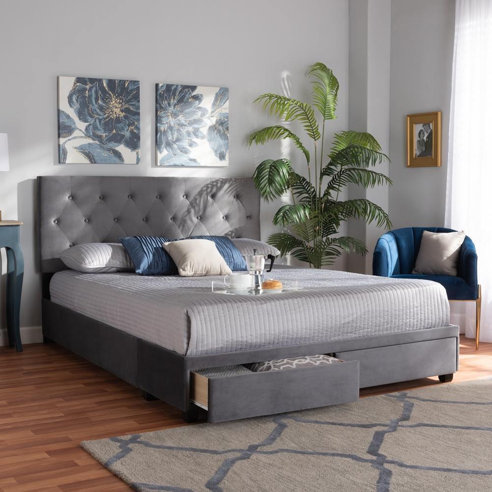 Caronia Modern and Contemporary Grey Velvet Fabric Upholstered 2-Drawer Queen Size Platform Storage Bed FredCo