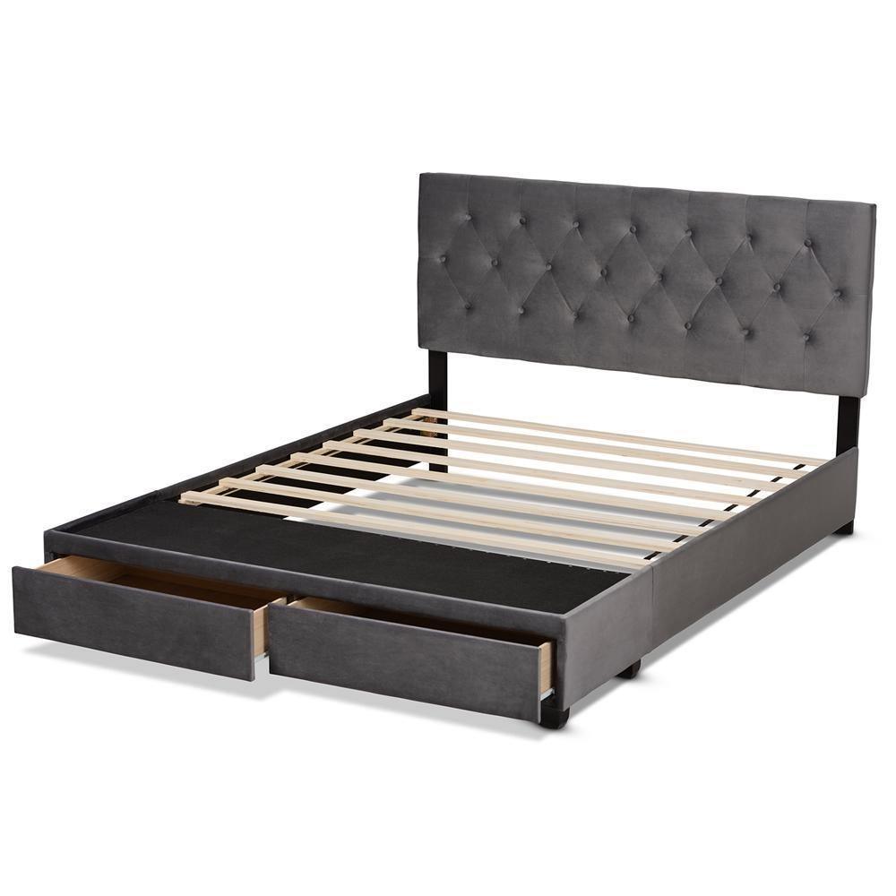 Caronia Modern and Contemporary Grey Velvet Fabric Upholstered 2-Drawer Queen Size Platform Storage Bed FredCo
