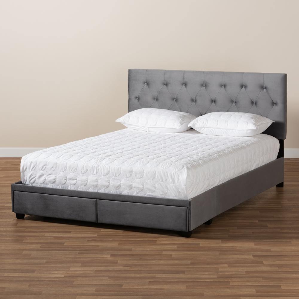 Caronia Modern and Contemporary Grey Velvet Fabric Upholstered 2-Drawer Queen Size Platform Storage Bed FredCo