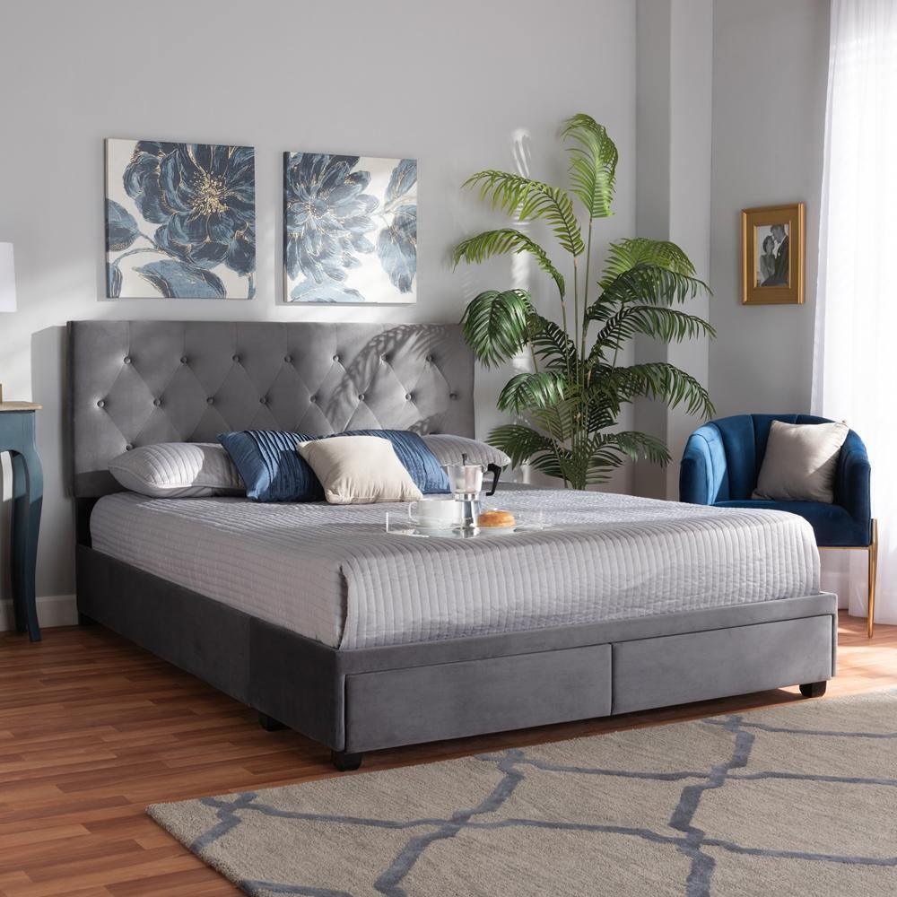Caronia Modern and Contemporary Grey Velvet Fabric Upholstered 2-Drawer Queen Size Platform Storage Bed FredCo