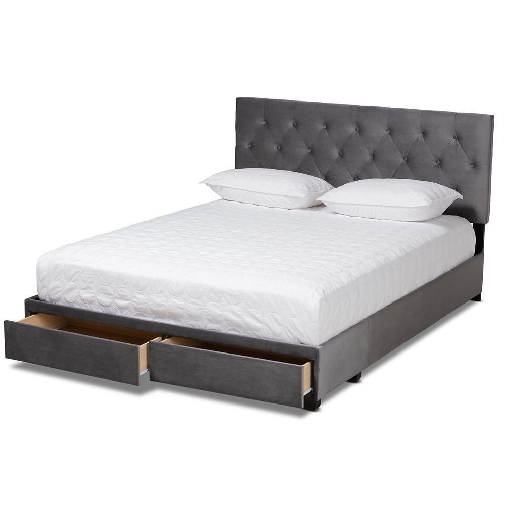 Caronia Modern and Contemporary Grey Velvet Fabric Upholstered 2-Drawer Queen Size Platform Storage Bed FredCo