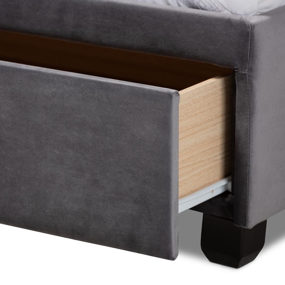 Caronia Modern and Contemporary Grey Velvet Fabric Upholstered 2-Drawer Queen Size Platform Storage Bed FredCo