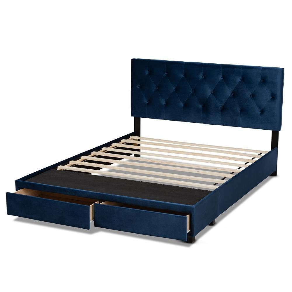 Caronia Modern and Contemporary Navy Blue Velvet Fabric Upholstered 2-Drawer Queen Size Platform Storage Bed FredCo
