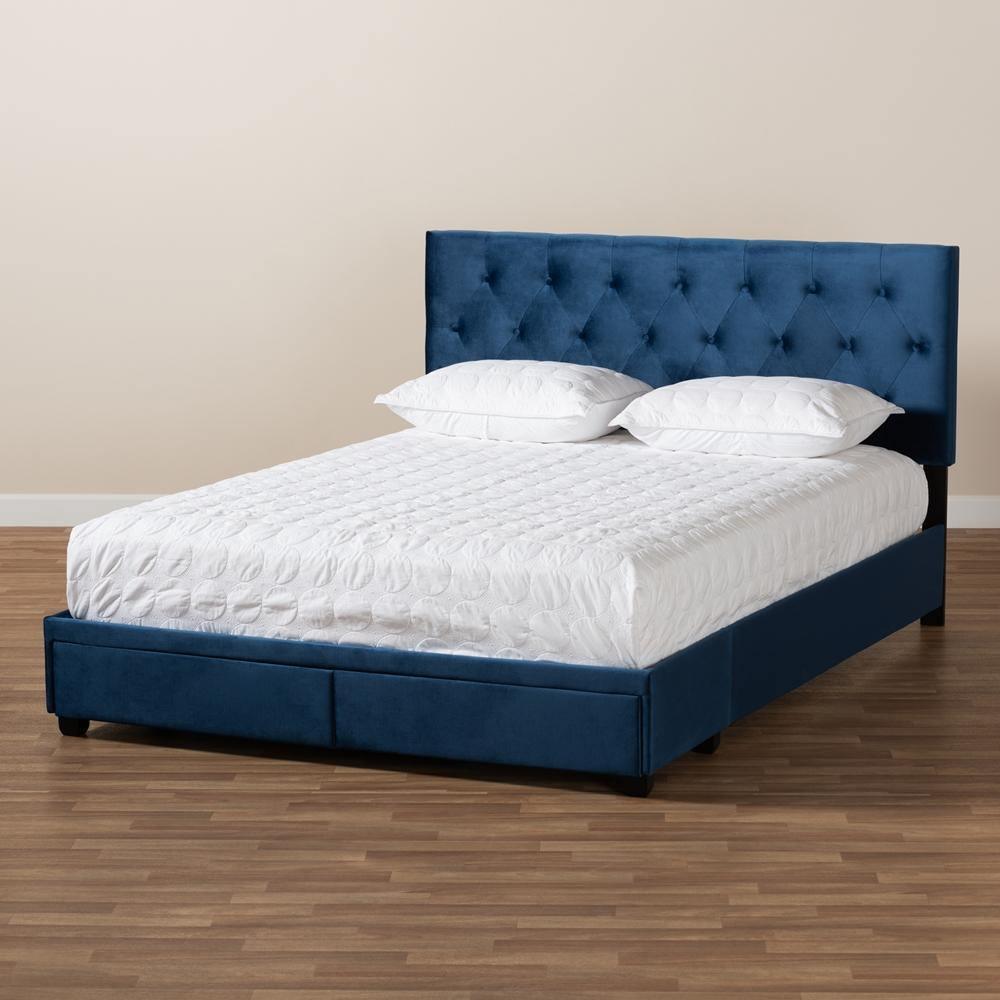 Caronia Modern and Contemporary Navy Blue Velvet Fabric Upholstered 2-Drawer Queen Size Platform Storage Bed FredCo