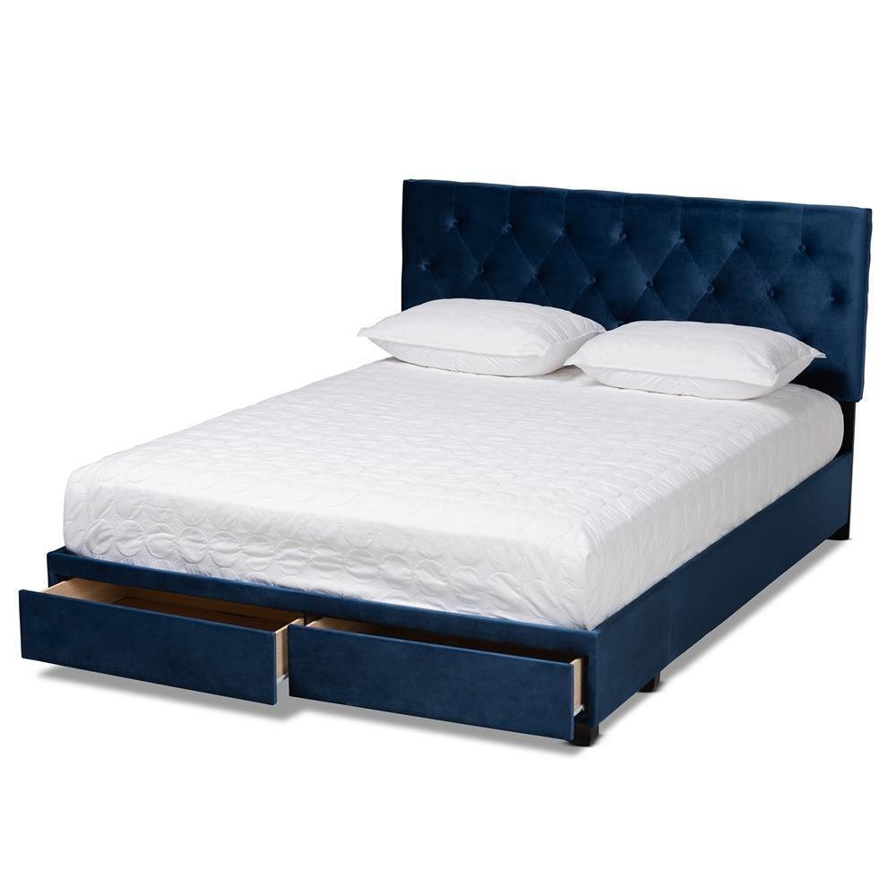 Caronia Modern and Contemporary Navy Blue Velvet Fabric Upholstered 2-Drawer Queen Size Platform Storage Bed FredCo