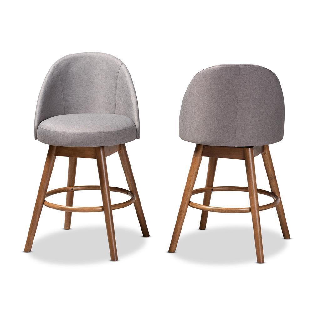 Carra Mid-Century Modern Grey Fabric Upholstered Walnut-Finished Wood Swivel Counter Stool (Set of 2) FredCo
