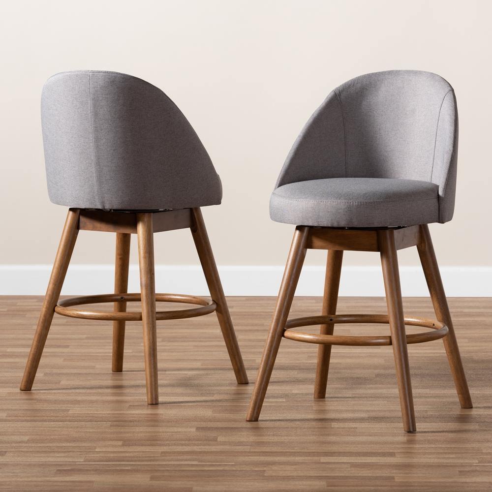 Carra Mid-Century Modern Grey Fabric Upholstered Walnut-Finished Wood Swivel Counter Stool (Set of 2) FredCo