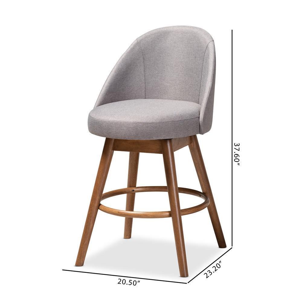 Carra Mid-Century Modern Grey Fabric Upholstered Walnut-Finished Wood Swivel Counter Stool (Set of 2) FredCo