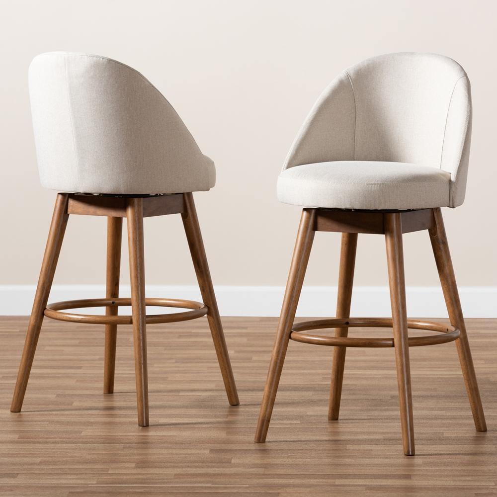 Carra Mid-Century Modern Light Beige Fabric Upholstered Walnut-Finished Wood Swivel Bar Stool (Set of 2) FredCo