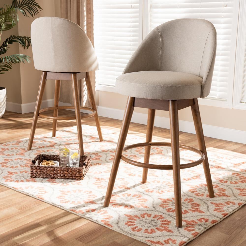 Carra Mid-Century Modern Light Beige Fabric Upholstered Walnut-Finished Wood Swivel Bar Stool (Set of 2) FredCo
