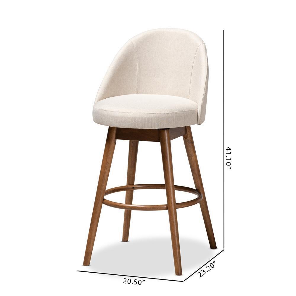Carra Mid-Century Modern Light Beige Fabric Upholstered Walnut-Finished Wood Swivel Bar Stool (Set of 2) FredCo