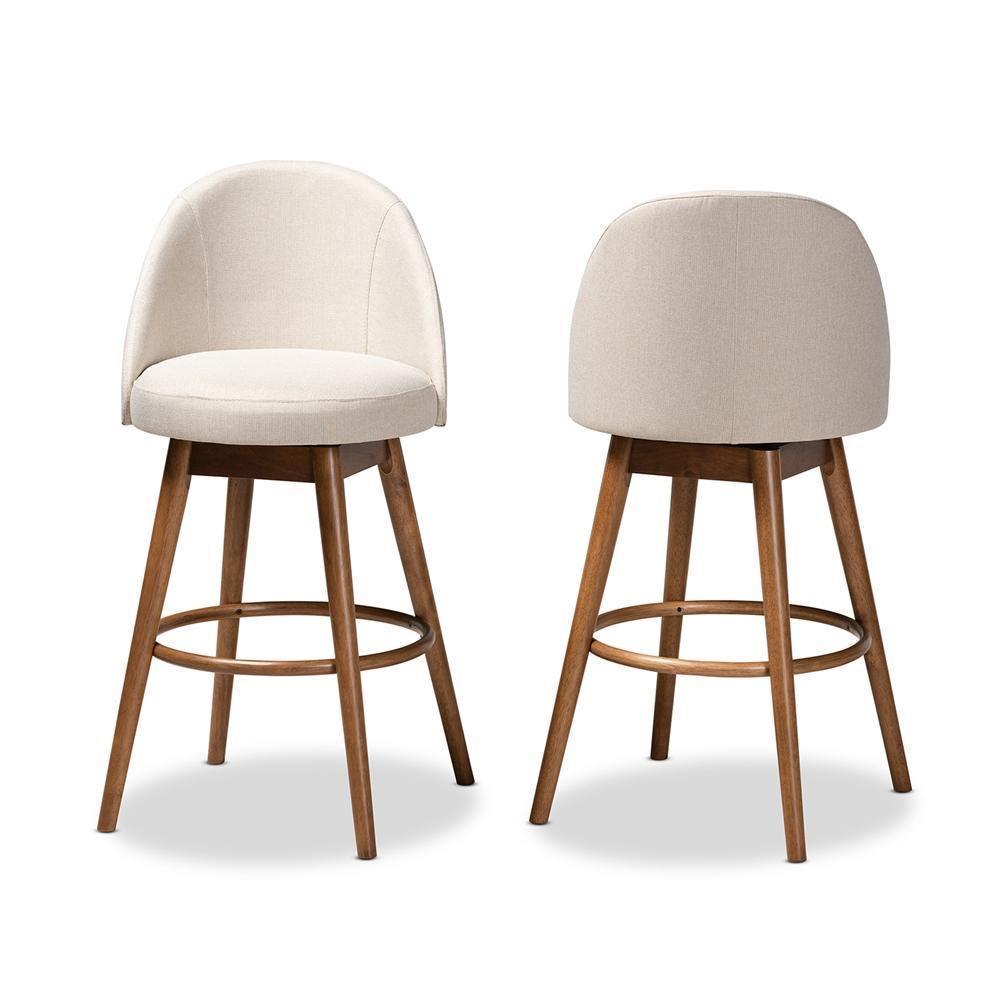 Carra Mid-Century Modern Light Beige Fabric Upholstered Walnut-Finished Wood Swivel Bar Stool (Set of 2) FredCo
