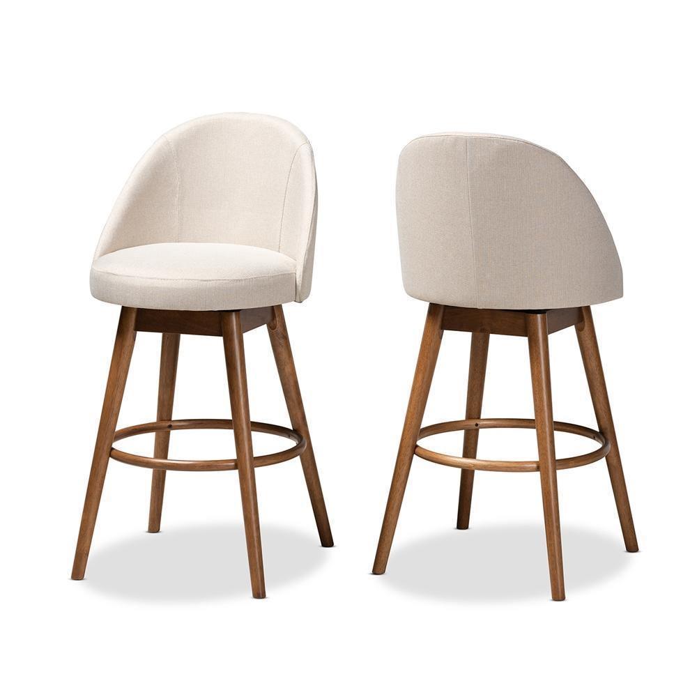 Carra Mid-Century Modern Light Beige Fabric Upholstered Walnut-Finished Wood Swivel Bar Stool (Set of 2) FredCo